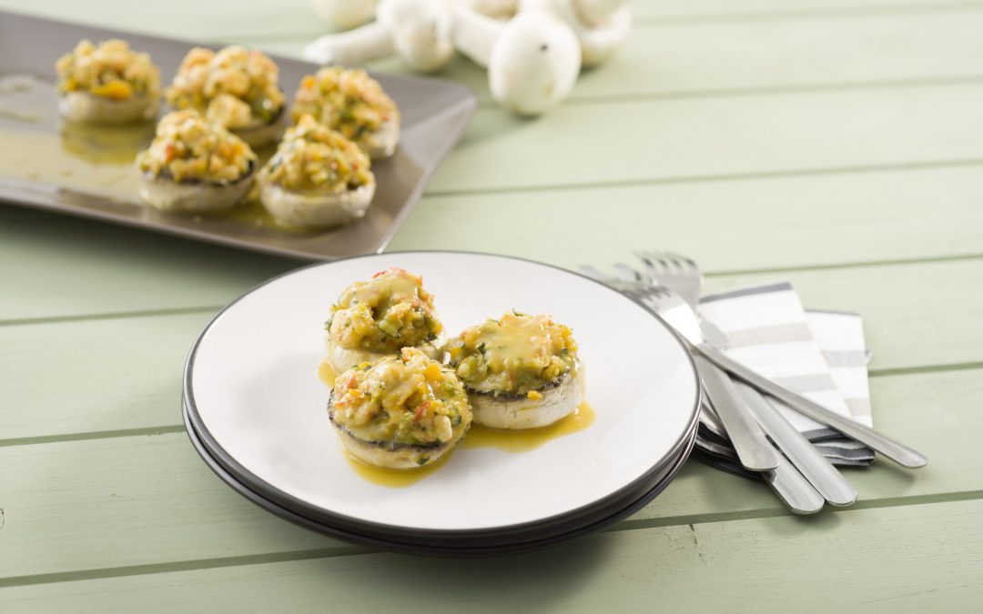CHAMPIÑONES RELLENOS DE VERDURA Y LANGOSTINOS